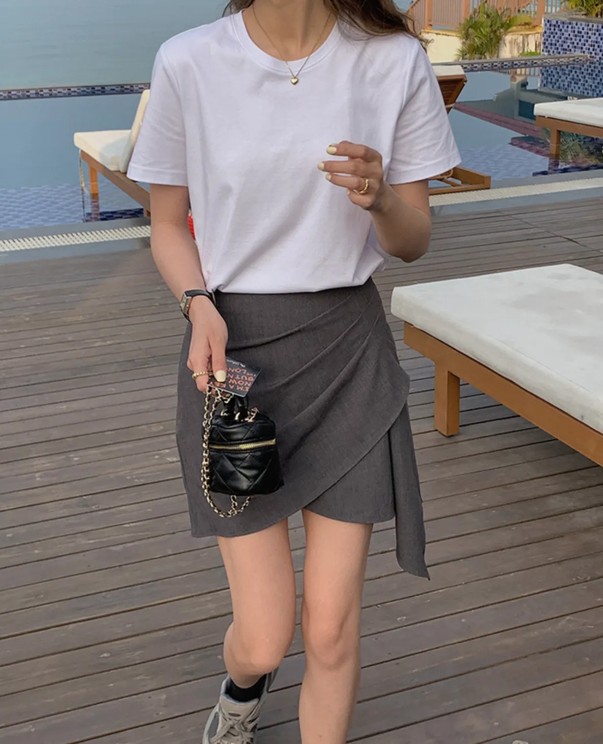 [Korean Style] Grey Black Asymmetrical Wrap Effect Mini Skirt