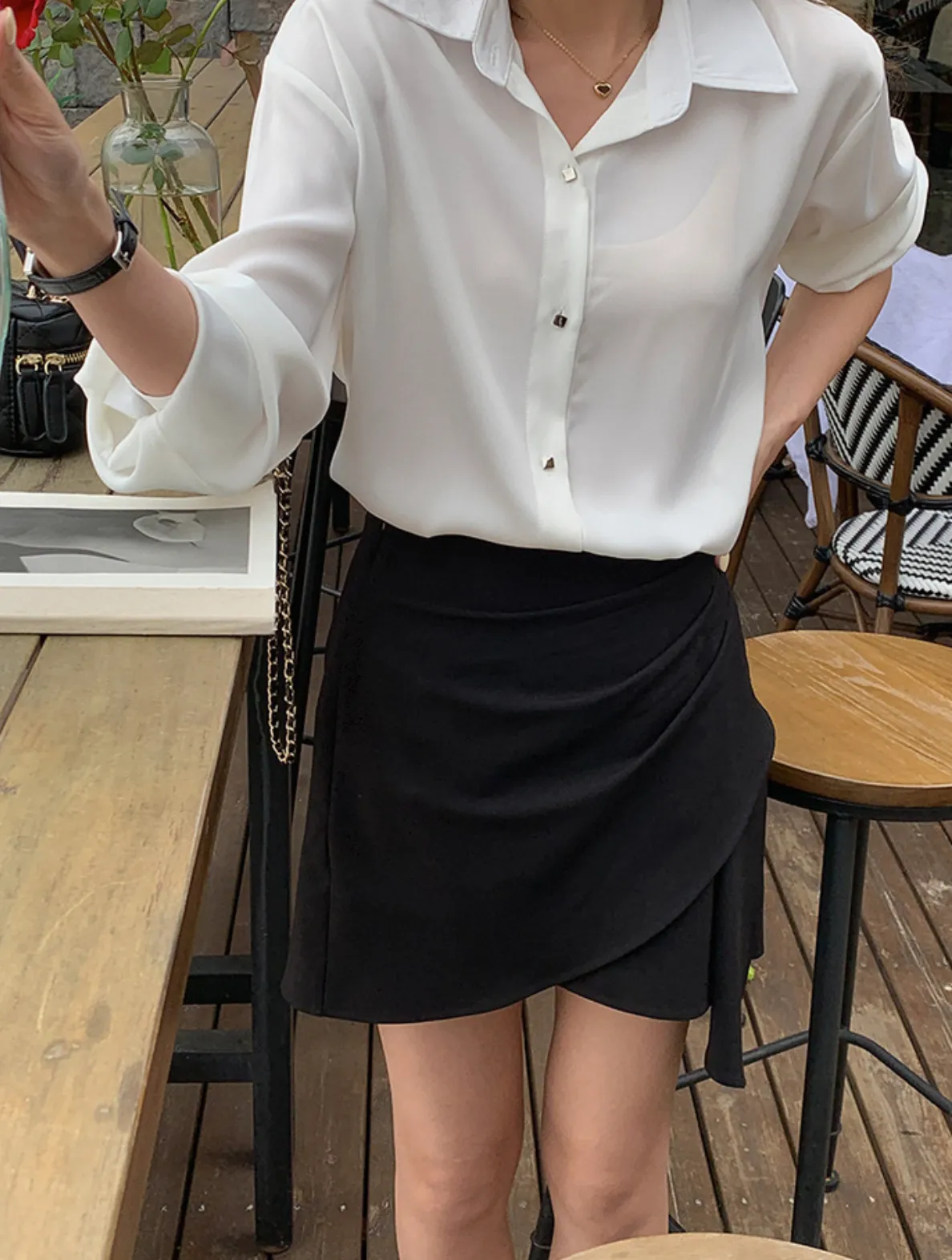 [Korean Style] Grey Black Asymmetrical Wrap Effect Mini Skirt