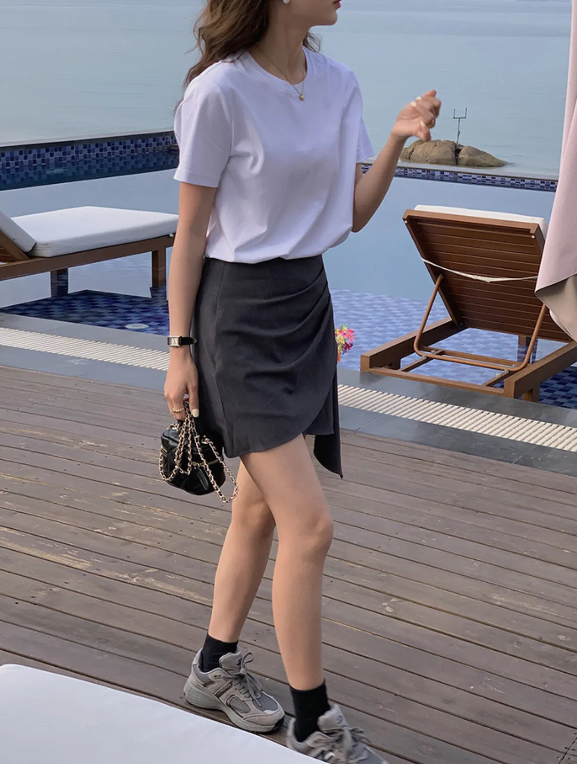 [Korean Style] Grey Black Asymmetrical Wrap Effect Mini Skirt