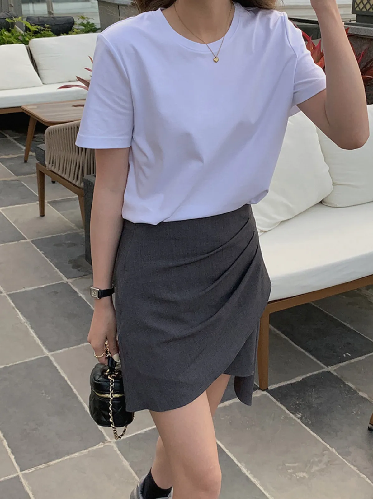 [Korean Style] Grey Black Asymmetrical Wrap Effect Mini Skirt