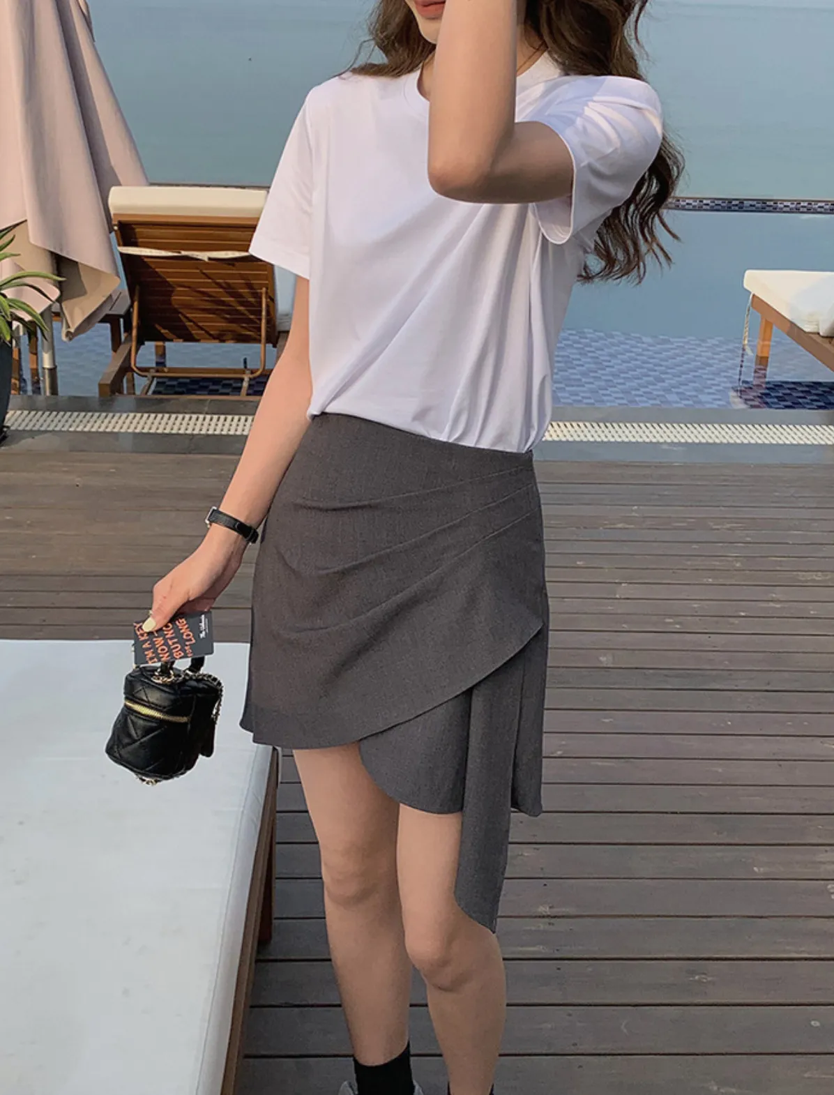 [Korean Style] Grey Black Asymmetrical Wrap Effect Mini Skirt