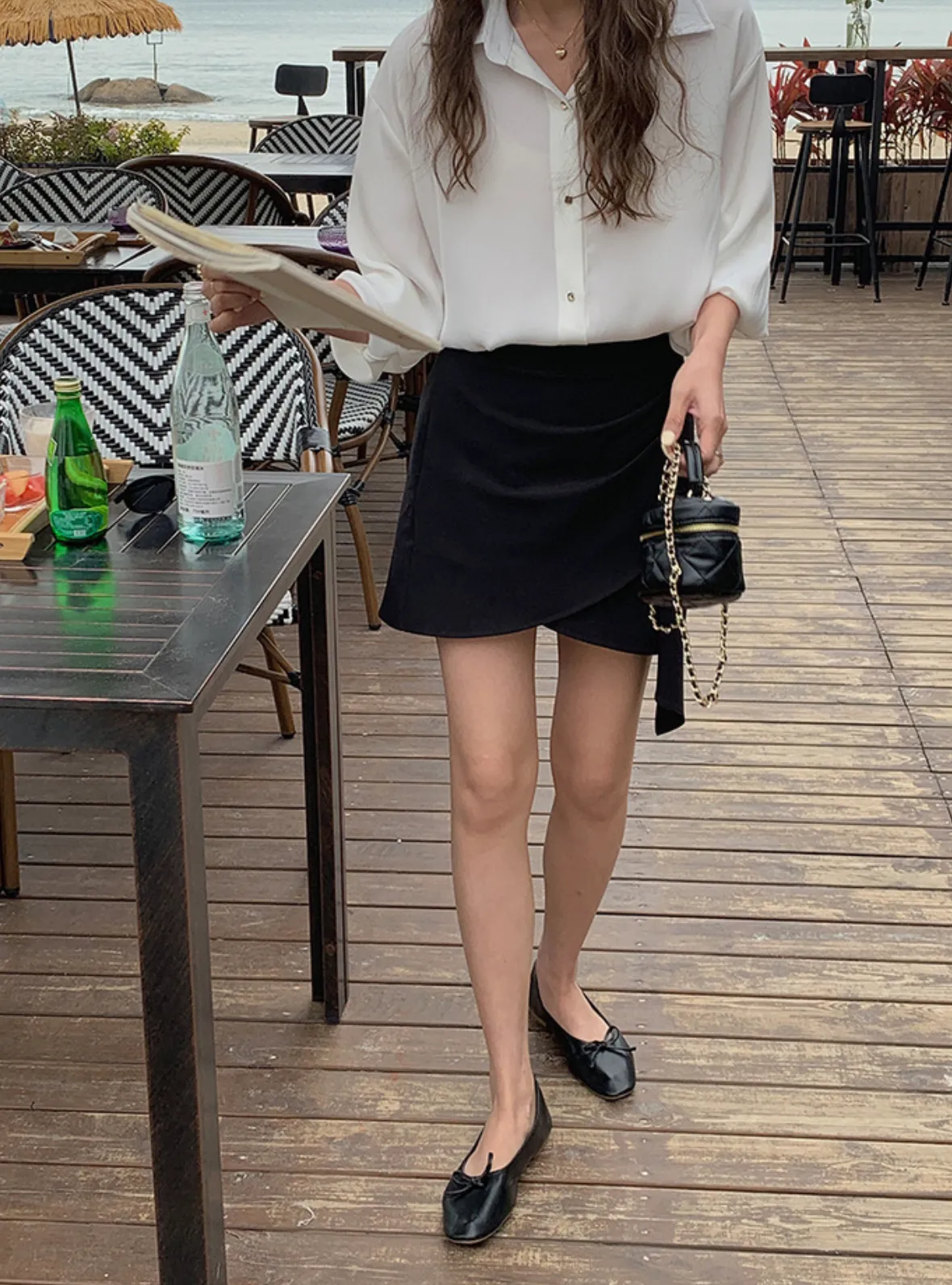 [Korean Style] Grey Black Asymmetrical Wrap Effect Mini Skirt