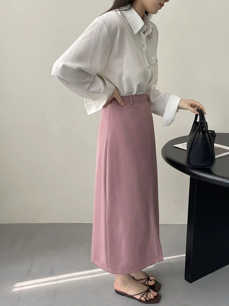 [Korean Style] Grey Pink High Waist Midi Length Straight Pencil Skirt