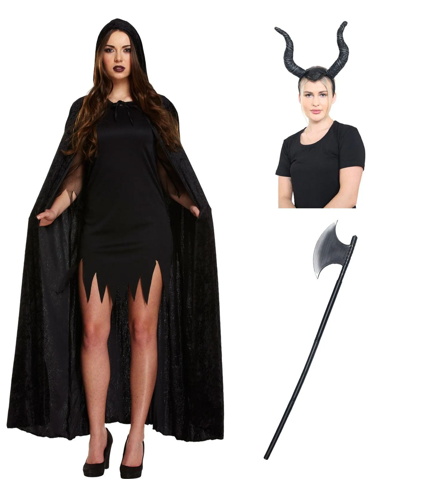 Labreeze Witch Costume Set | Velvet Cape, Horns Headband & Plastic Axe