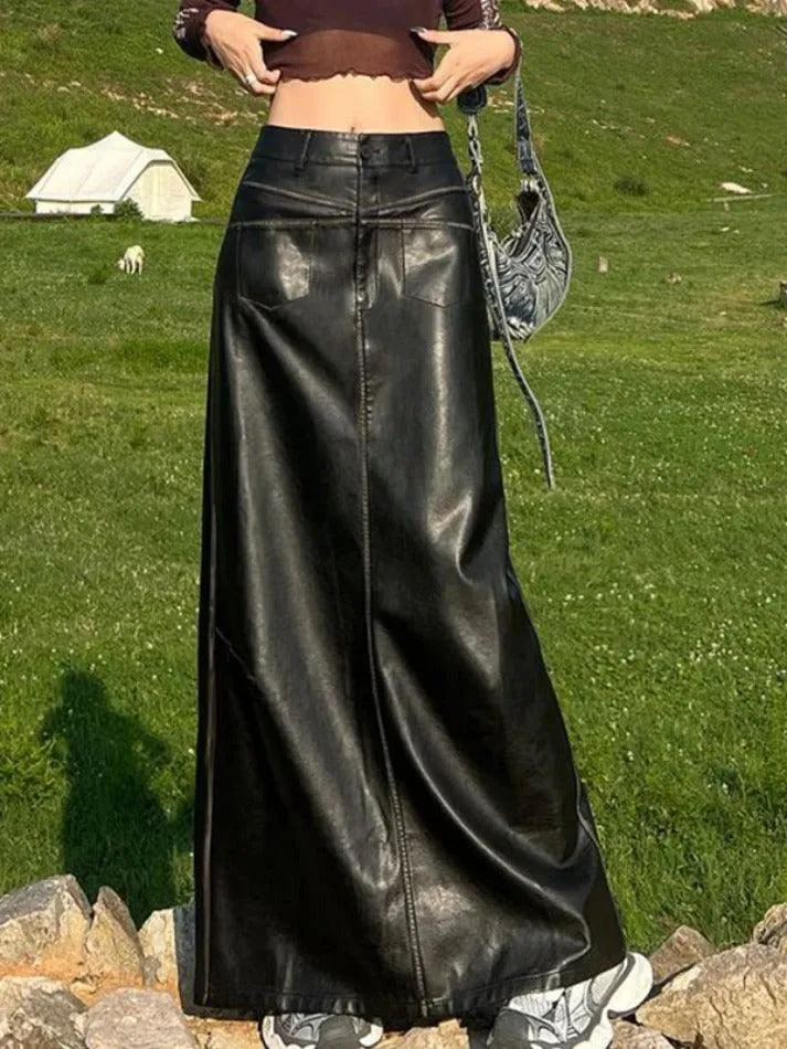 LANFUBEISI - Vintage Leather Multi Pocket Maxi Skirt