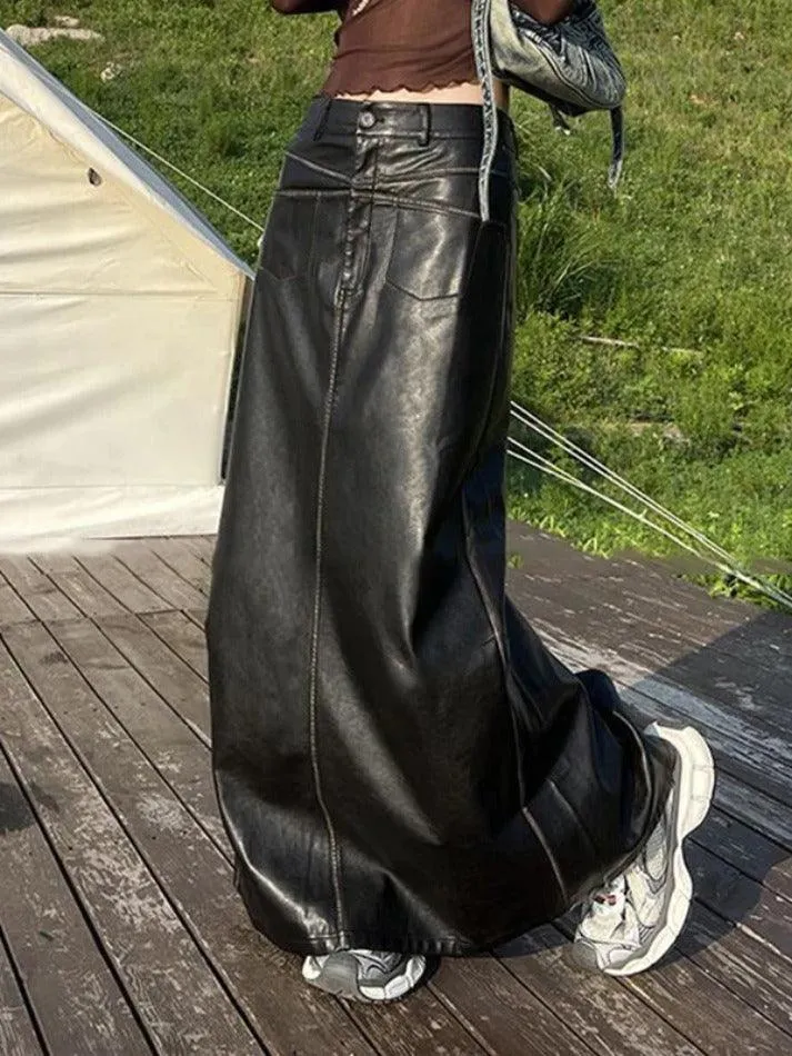 LANFUBEISI - Vintage Leather Multi Pocket Maxi Skirt