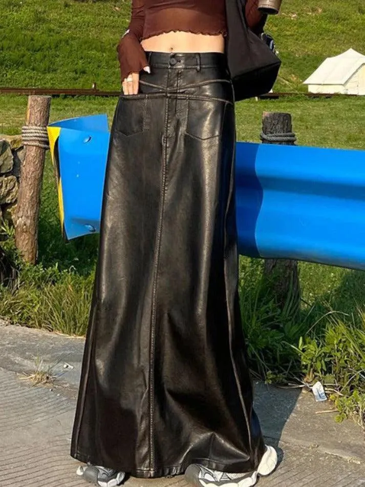 LANFUBEISI - Vintage Leather Multi Pocket Maxi Skirt