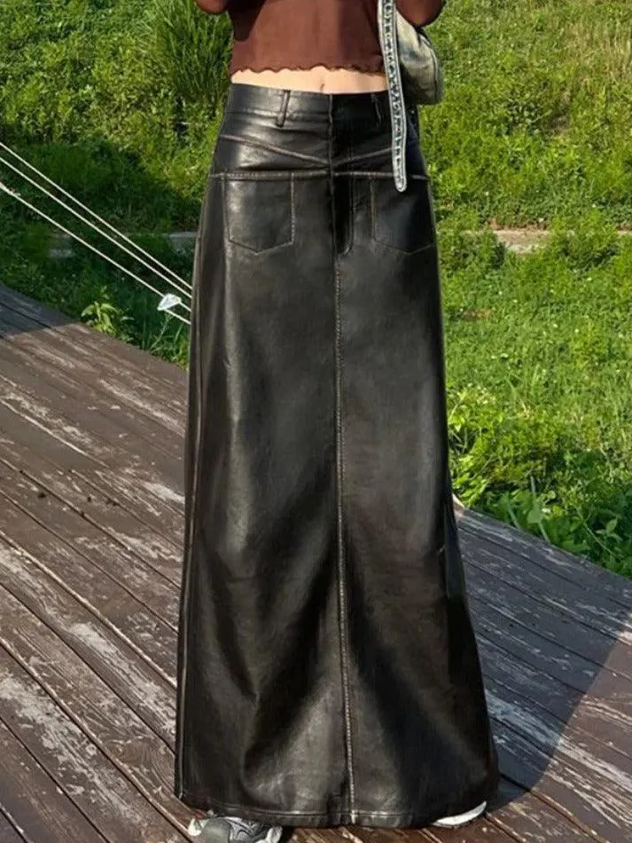 LANFUBEISI - Vintage Leather Multi Pocket Maxi Skirt