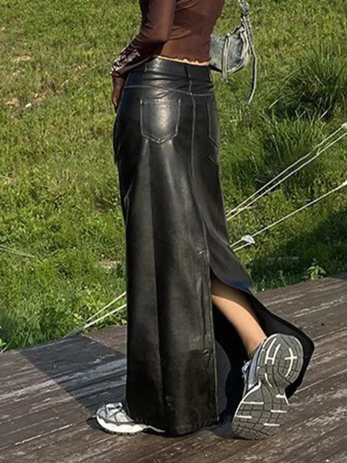 LANFUBEISI - Vintage Leather Multi Pocket Maxi Skirt