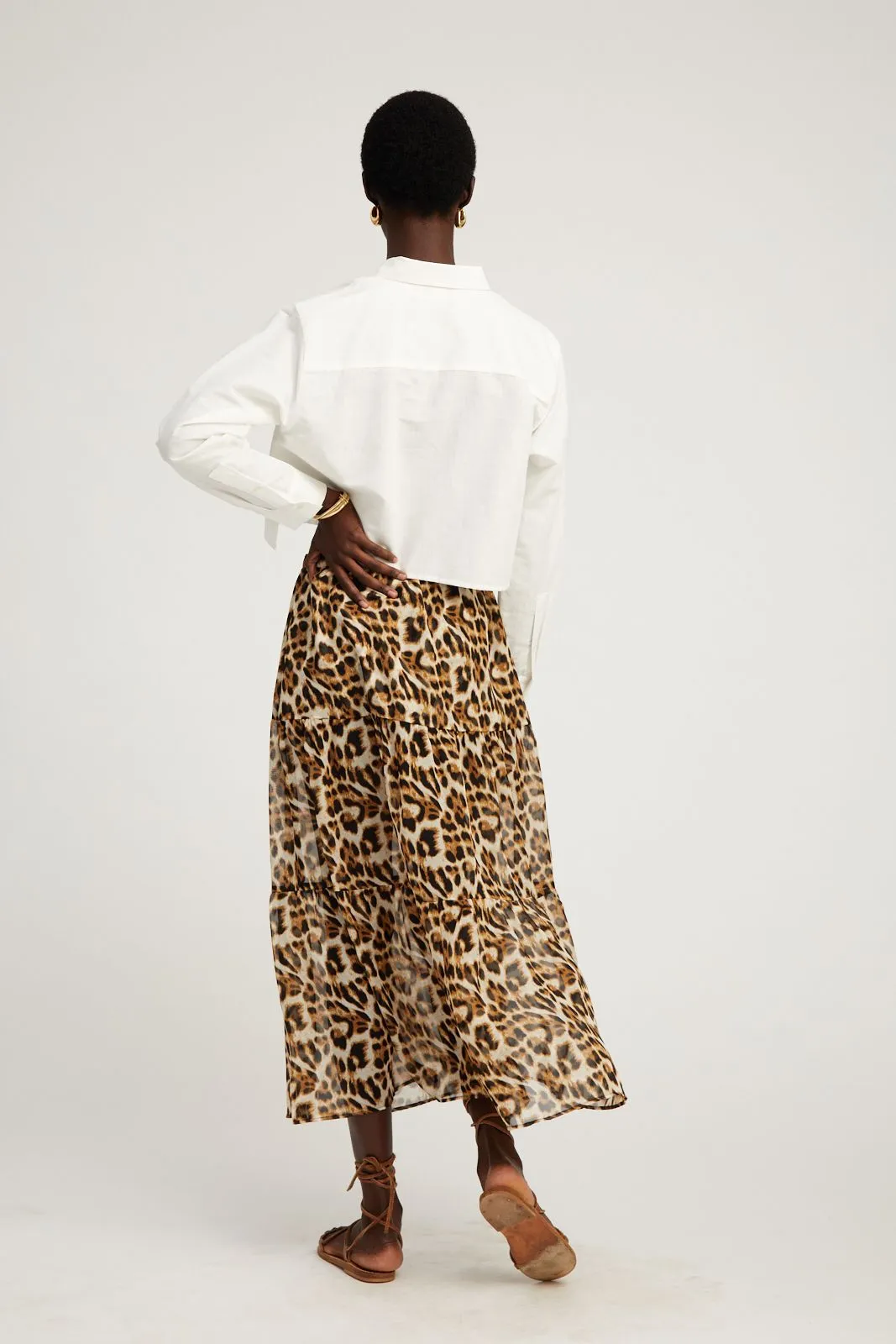 Leopard Silk Chiffon Tiered Maxi Skirt