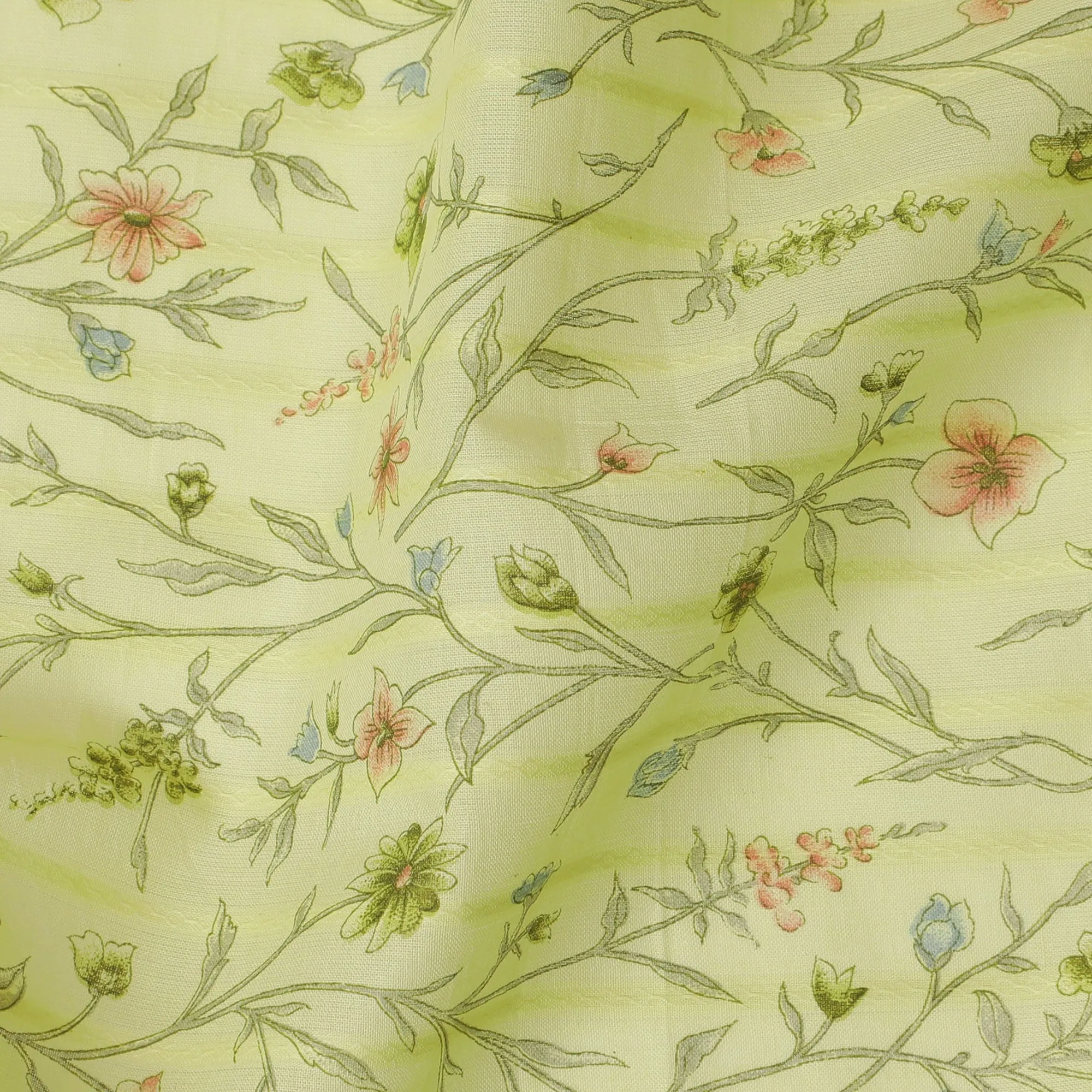 Lime Green Uragiri Cotton Voile Fabric with Pastel Floral Print, 110 cm Wide - Fresh Indian Textile-D18988