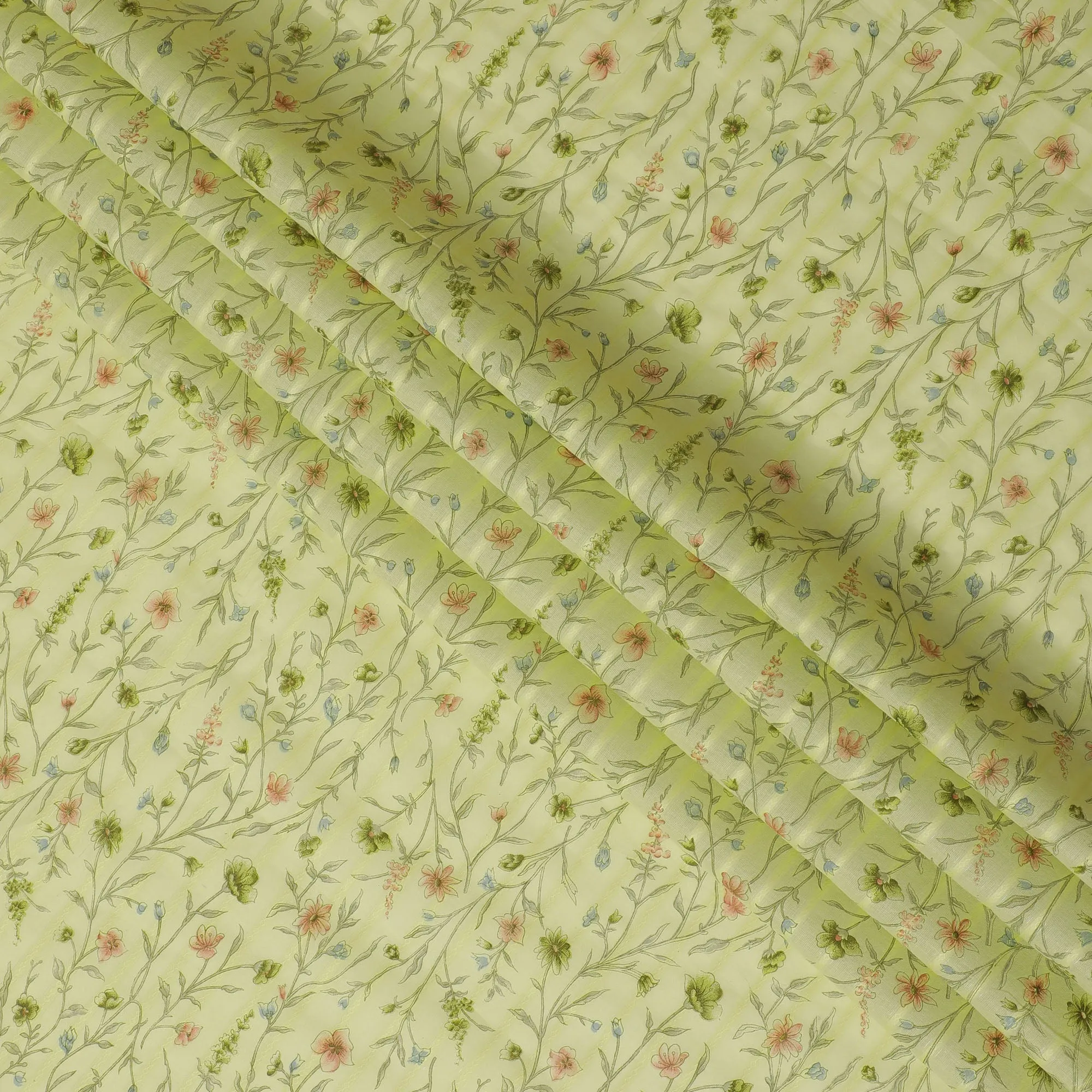 Lime Green Uragiri Cotton Voile Fabric with Pastel Floral Print, 110 cm Wide - Fresh Indian Textile-D18988