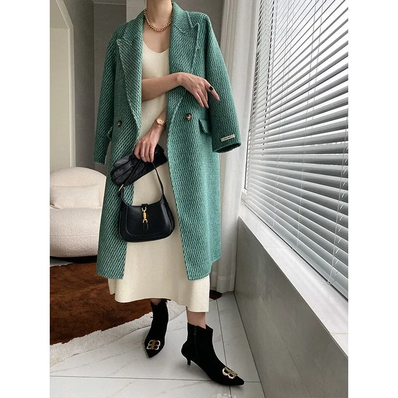 Long Wool Tweed Coats Women's Woolen Coat Lapel Loose Lapel Long Coats