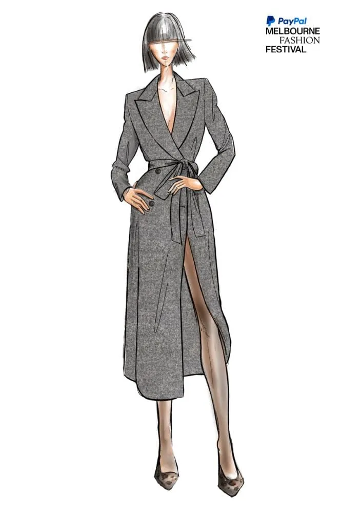 LOOK 7 - Long Wide Peak Coat in Grey Wool Silk