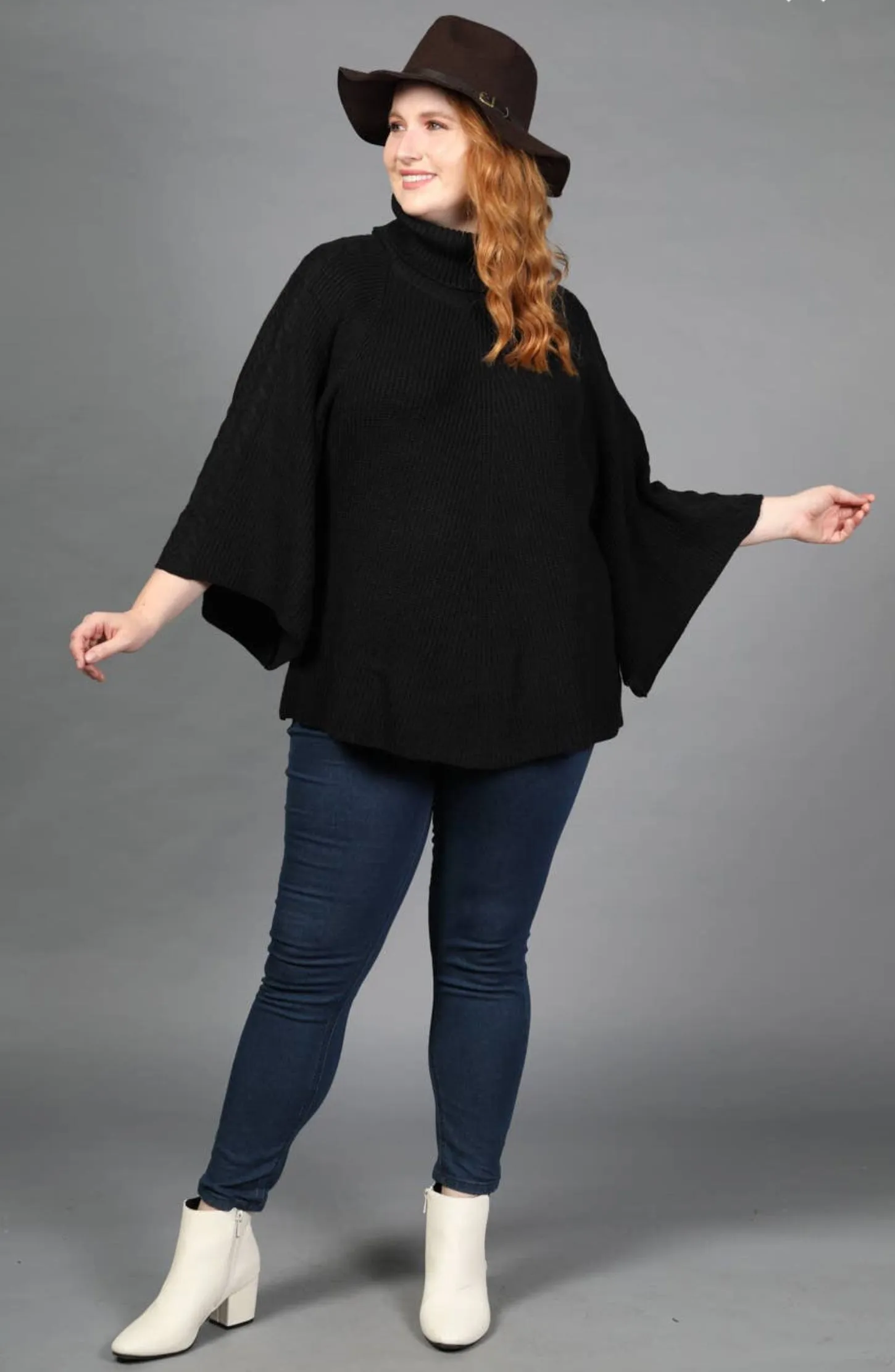 Loveriche Black Bell Sleeve Turtleneck Tunic Sweater-PLUS