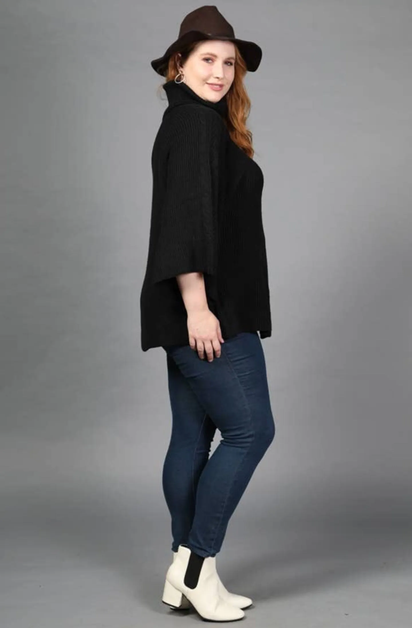 Loveriche Black Bell Sleeve Turtleneck Tunic Sweater-PLUS