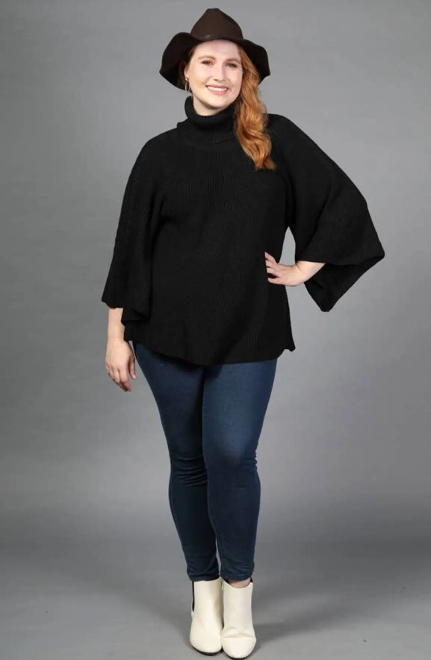 Loveriche Black Bell Sleeve Turtleneck Tunic Sweater-PLUS