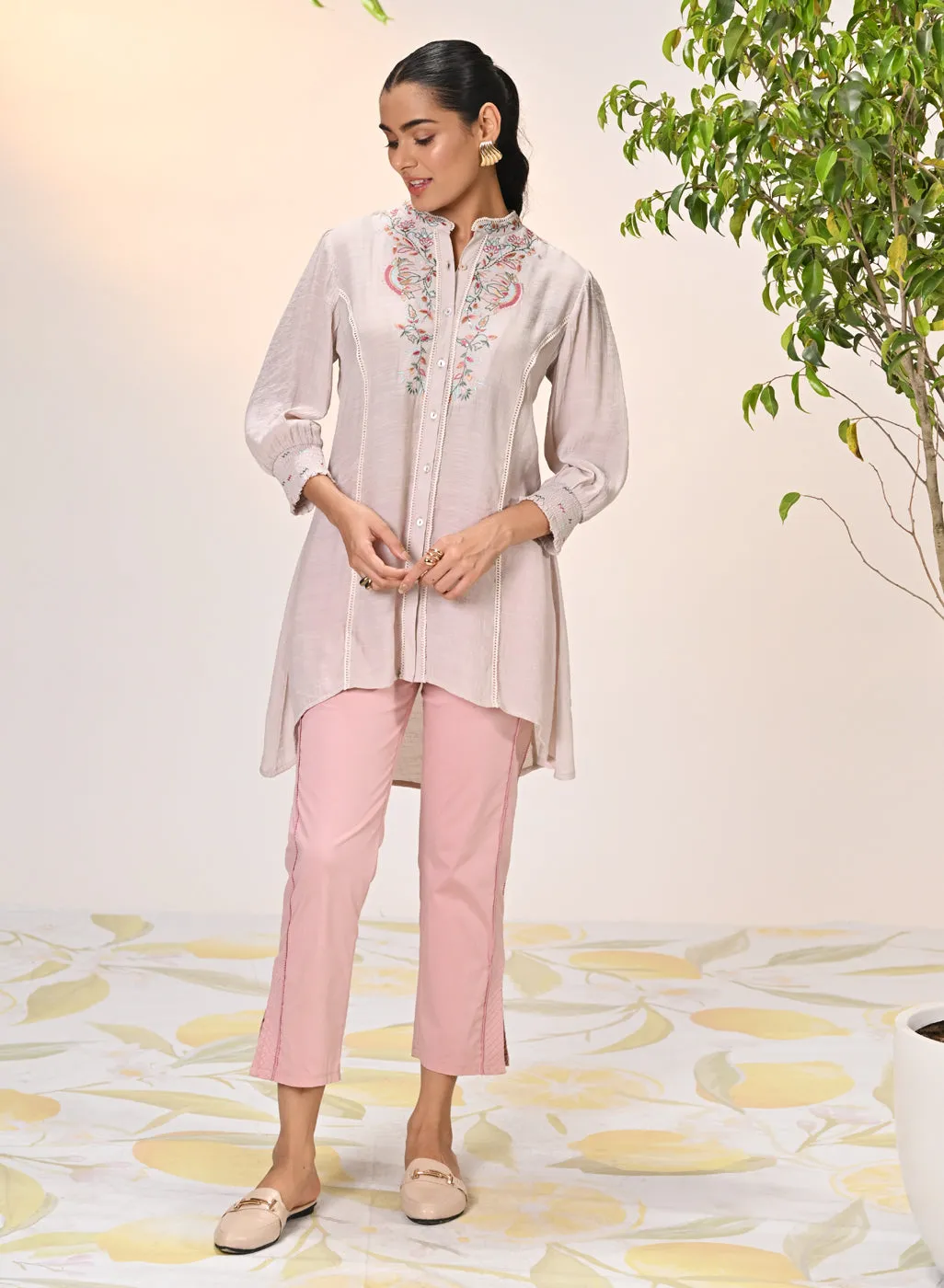 Maha Misty Rose Embroidered Crinkled Crepe Shirt for Women