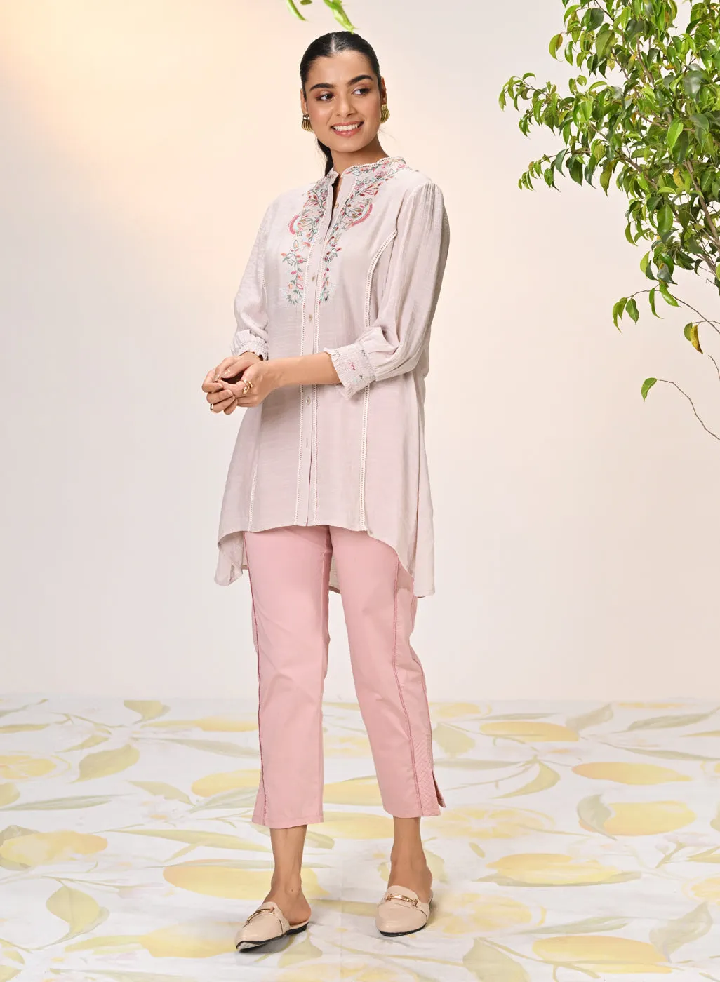 Maha Misty Rose Embroidered Crinkled Crepe Shirt for Women