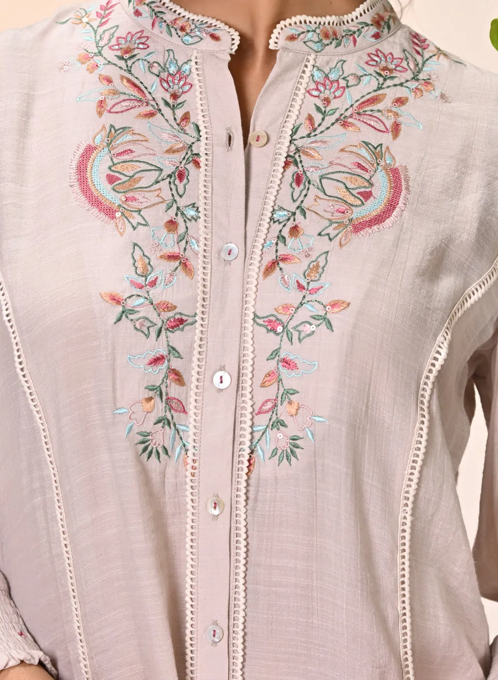 Maha Misty Rose Embroidered Crinkled Crepe Shirt for Women