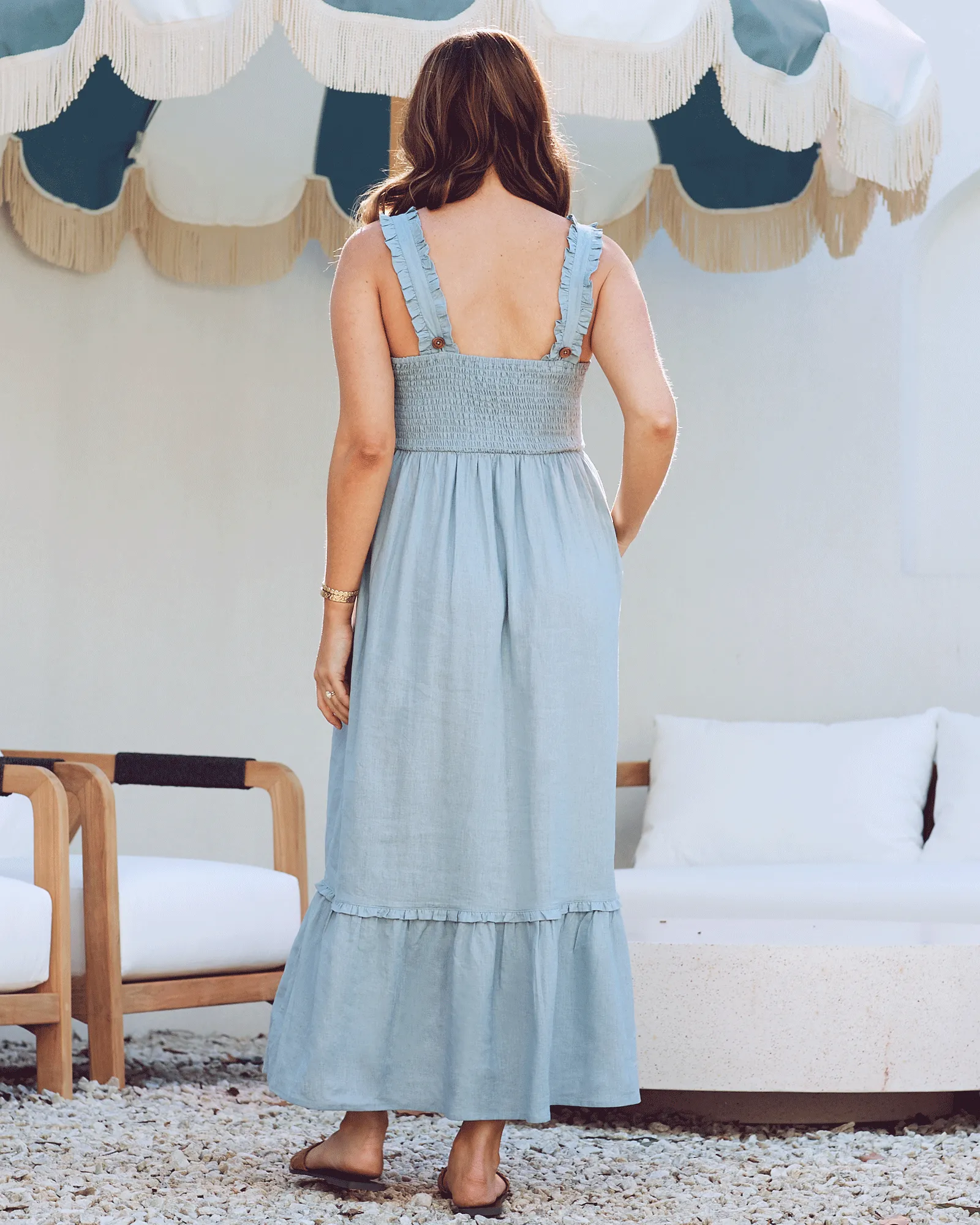 Margot Maternity Shirred Dress in Light Blue