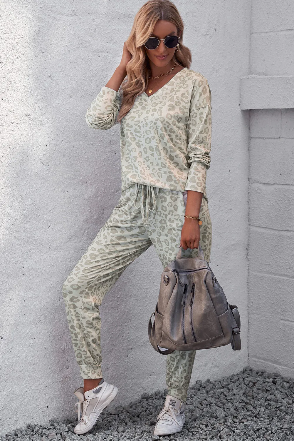 Marlowe Leopard V-Neck Top and Drawstring Joggers Lounge Set