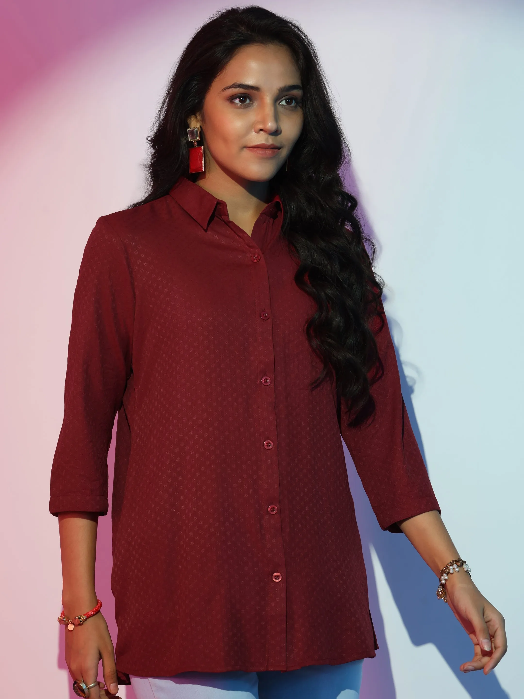 Maroon Self Design Rayon Straight Tunic