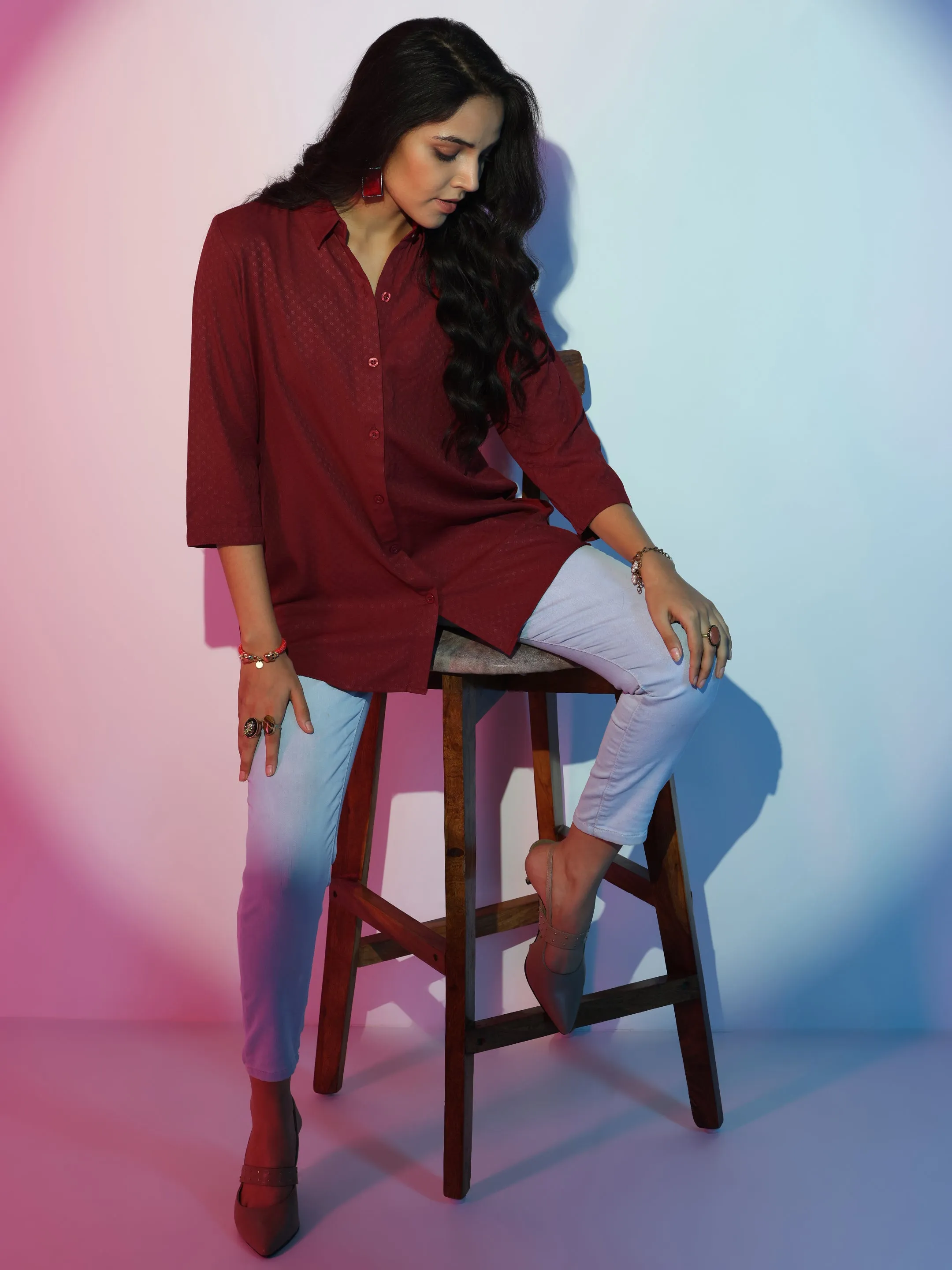 Maroon Self Design Rayon Straight Tunic