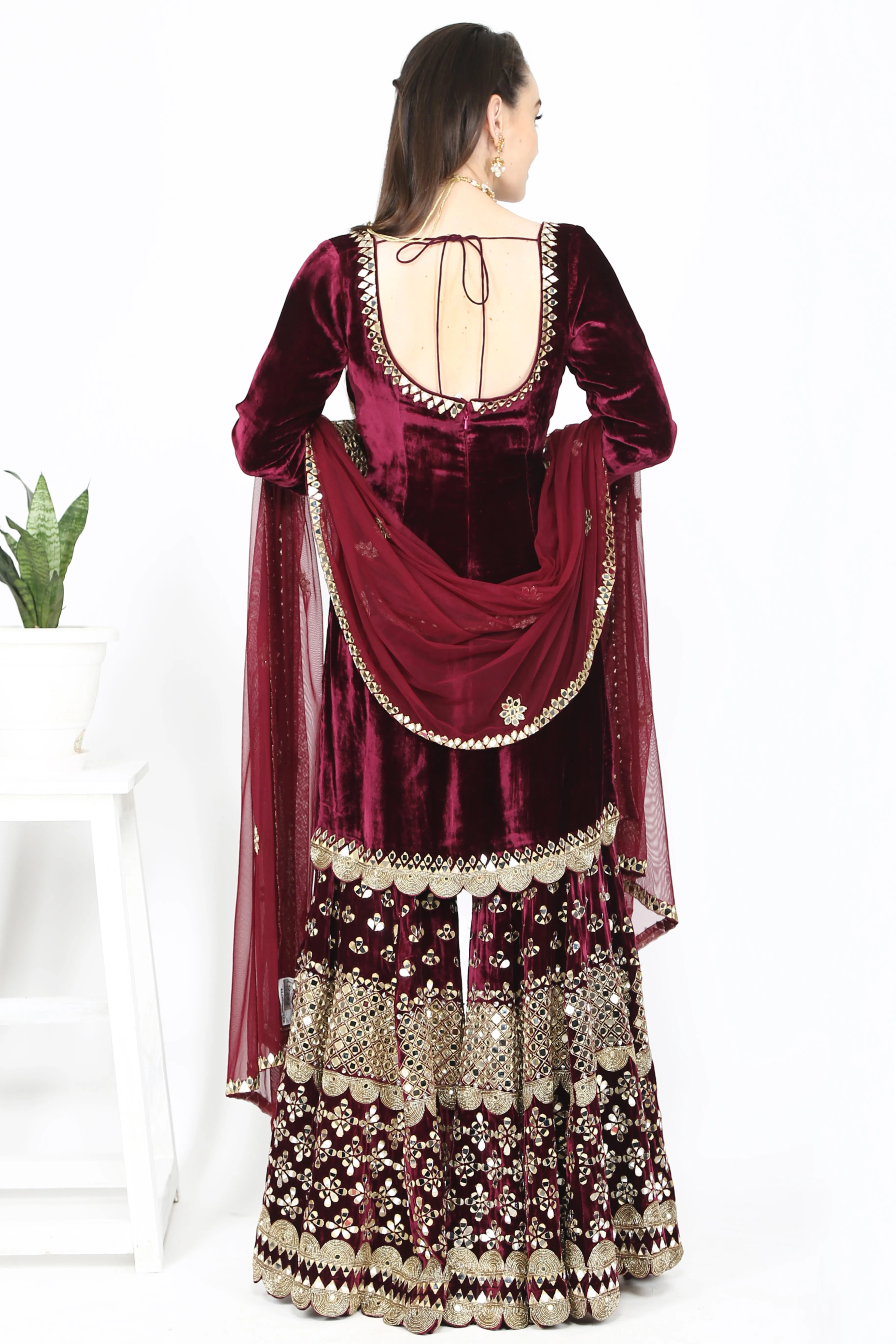 Maroon Velvet Sharara Set.