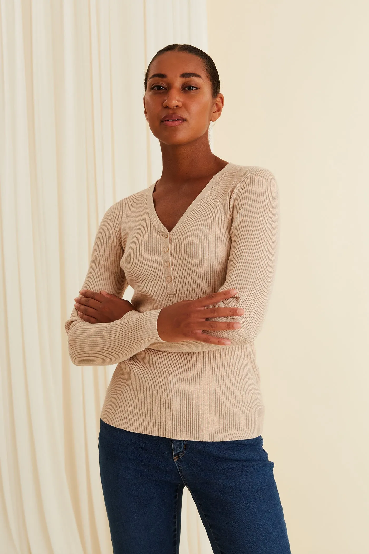 May Fitted Viscose Knit Top Sand