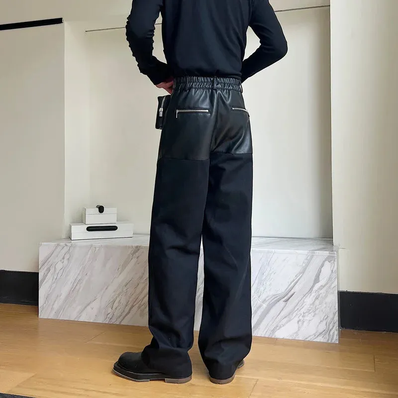 Men Trousers PU Leather Patchwork Casual Cargo Pant Straight Tube Streetwear Trend Male Spliced Overalls Fashion 9C1775