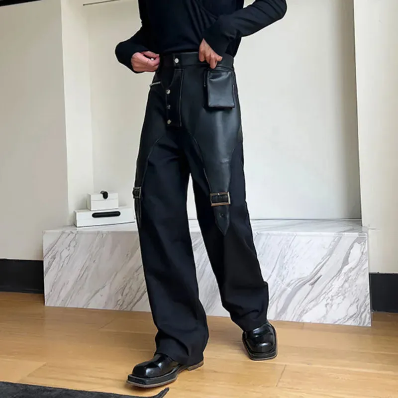 Men Trousers PU Leather Patchwork Casual Cargo Pant Straight Tube Streetwear Trend Male Spliced Overalls Fashion 9C1775