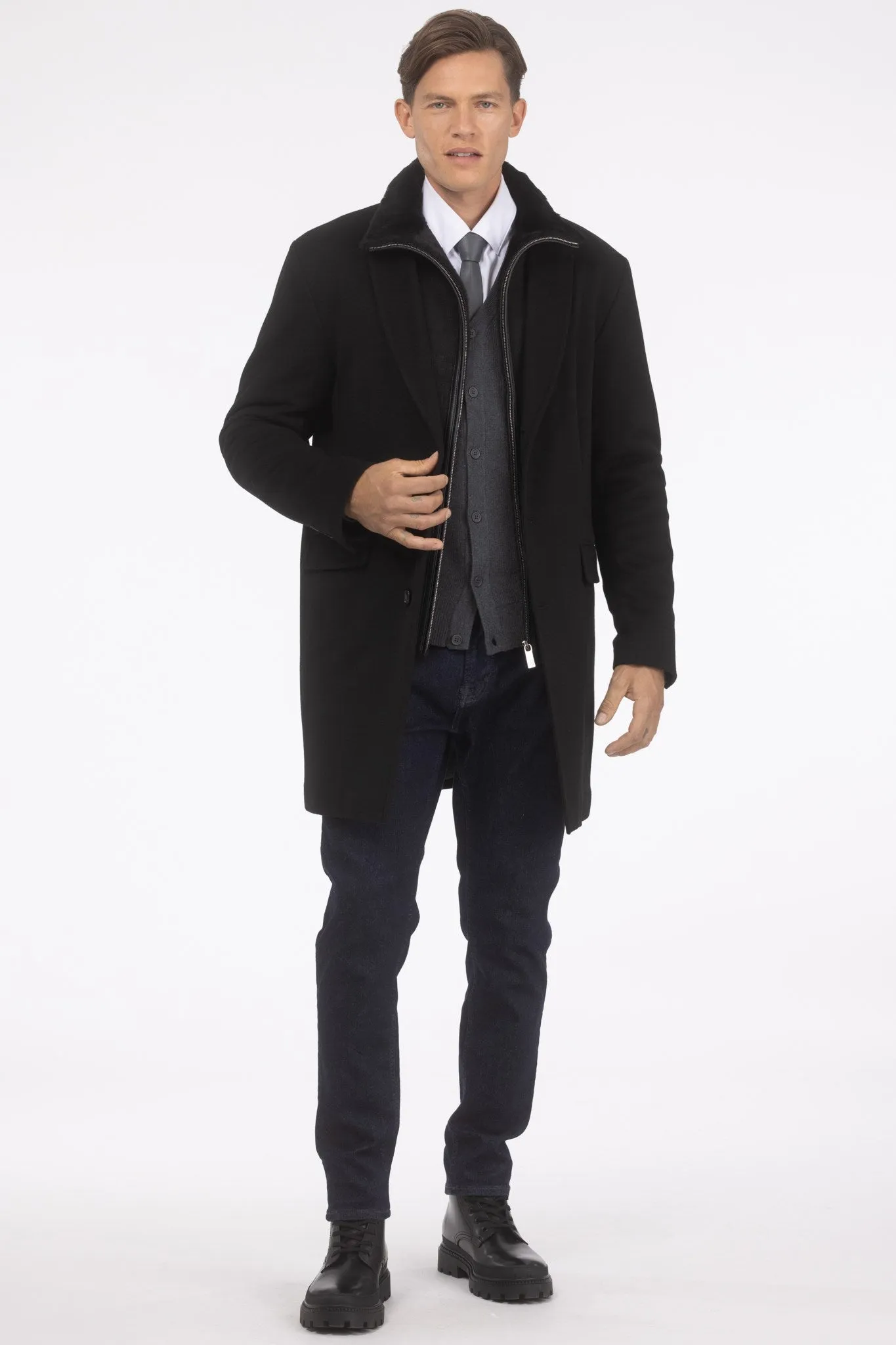 Men's Loro Piana Wool Short Coat with Merino Shearling Lamb Trim