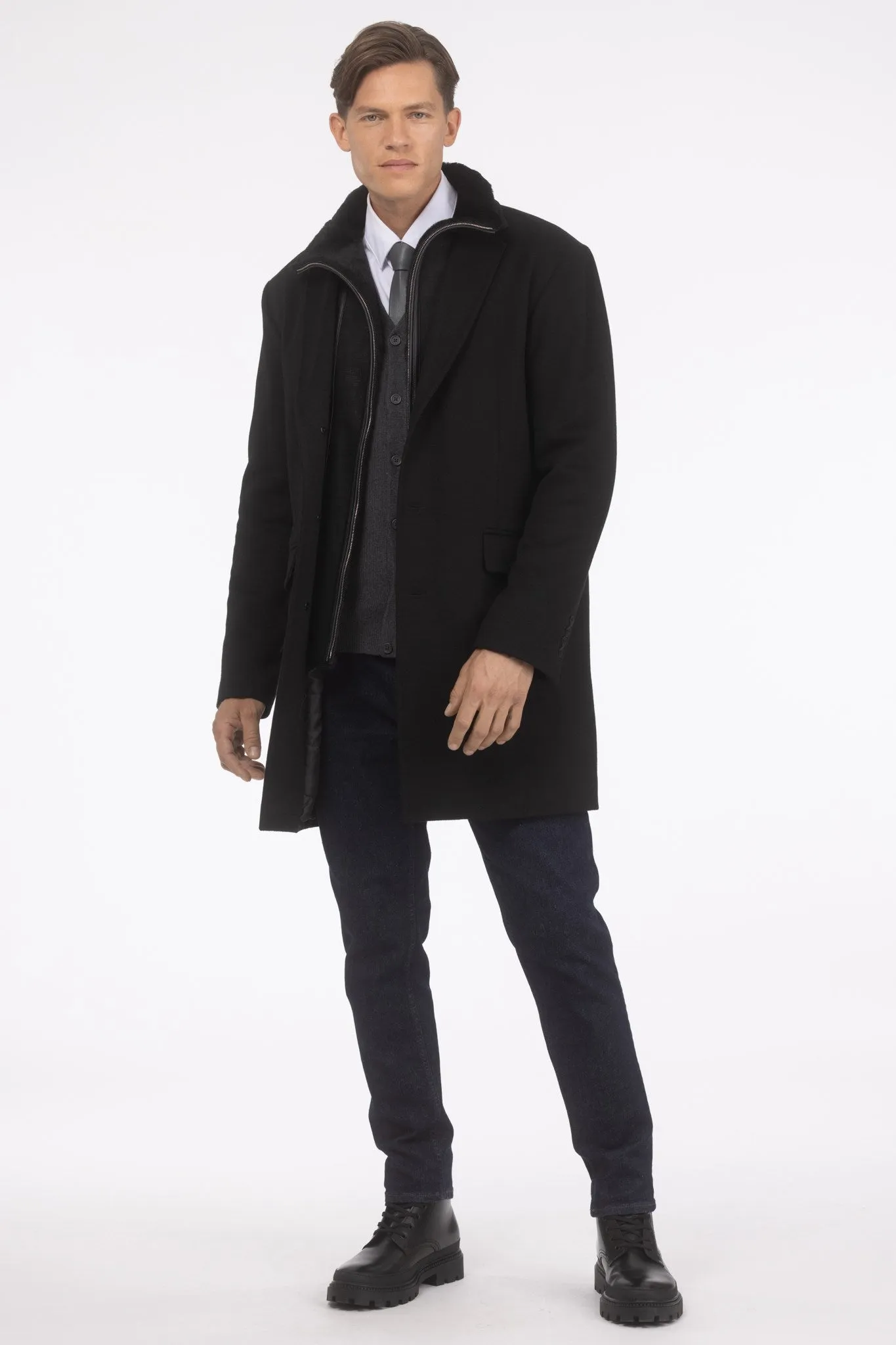 Men's Loro Piana Wool Short Coat with Merino Shearling Lamb Trim