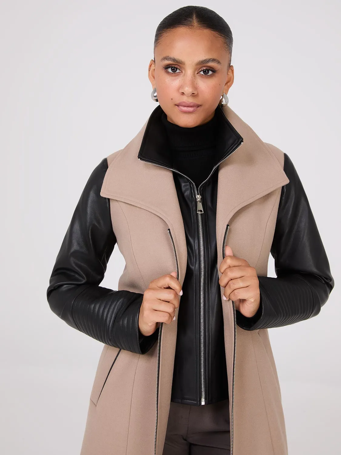 Mid-Length Coat With Faux Leather Details