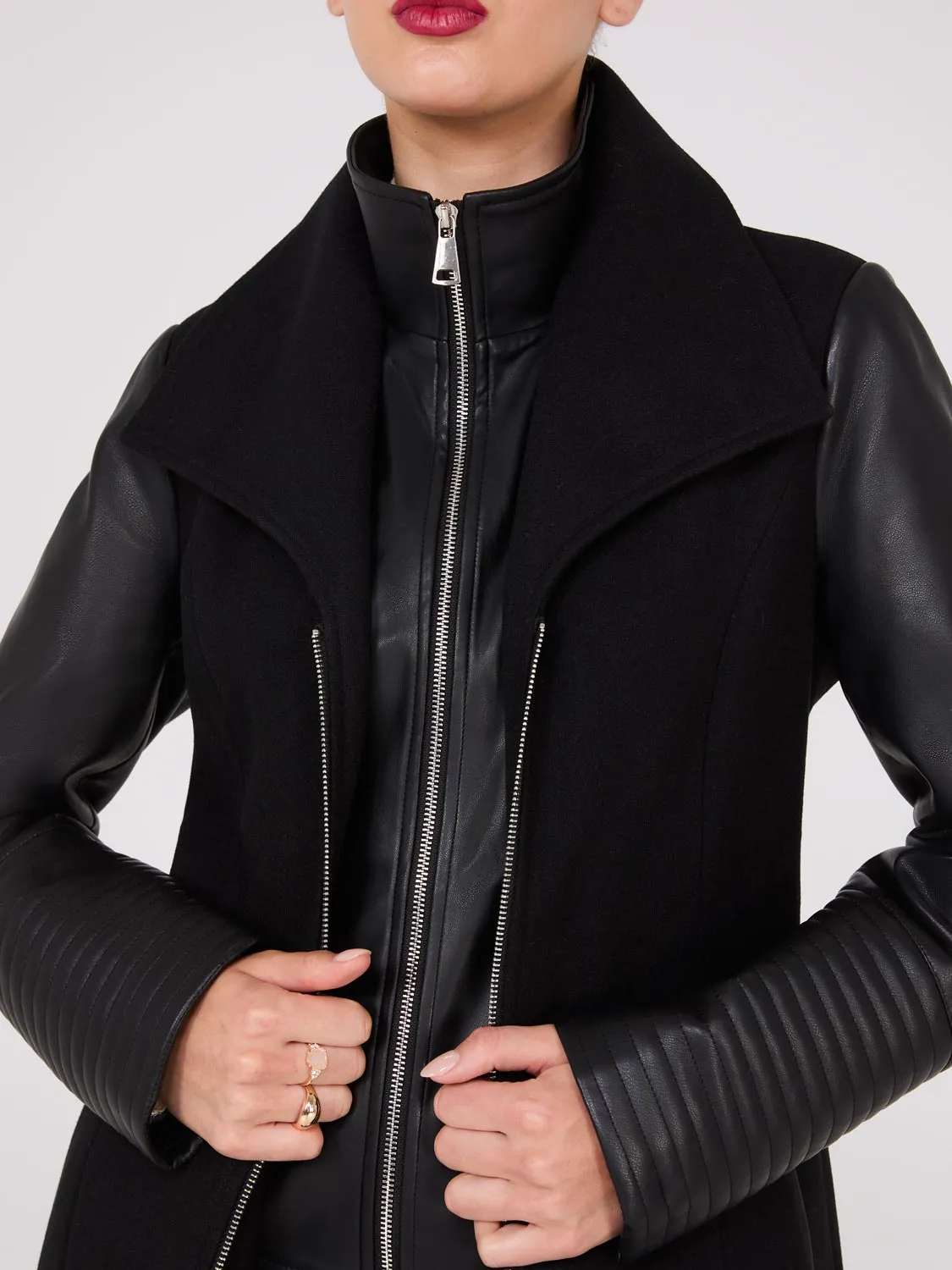 Mid-Length Coat With Faux Leather Details