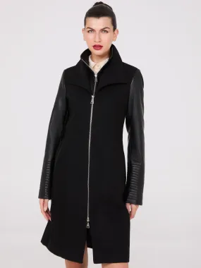 Mid-Length Coat With Faux Leather Details