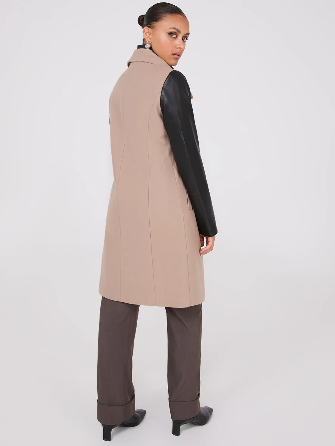 Mid-Length Coat With Faux Leather Details