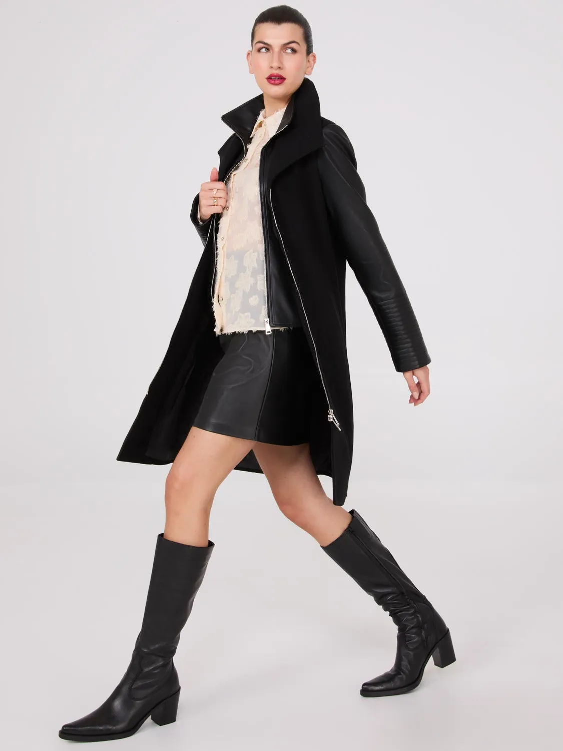 Mid-Length Coat With Faux Leather Details