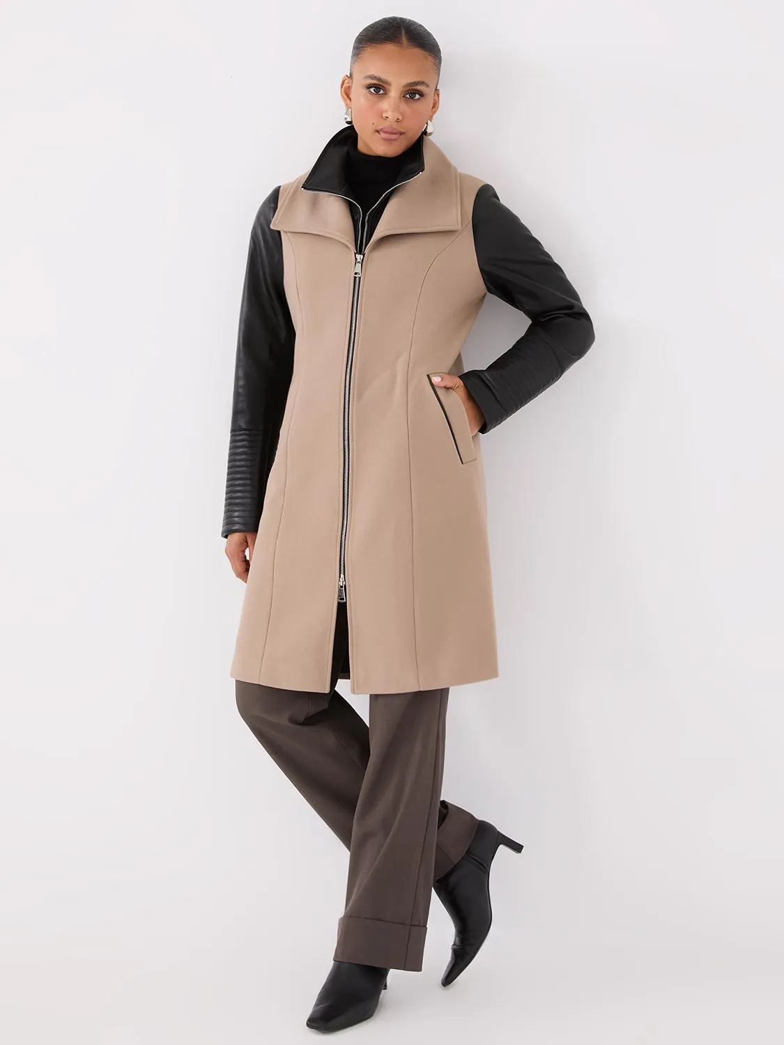 Mid-Length Coat With Faux Leather Details