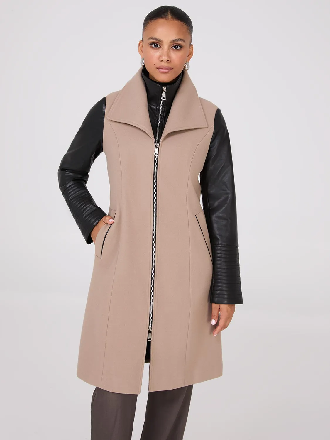 Mid-Length Coat With Faux Leather Details