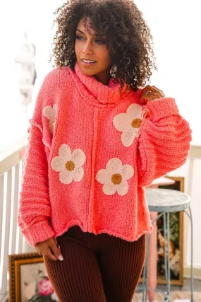 Misty Meadows Cozy Cropped Turtleneck Sweater W/ Floral- Coral