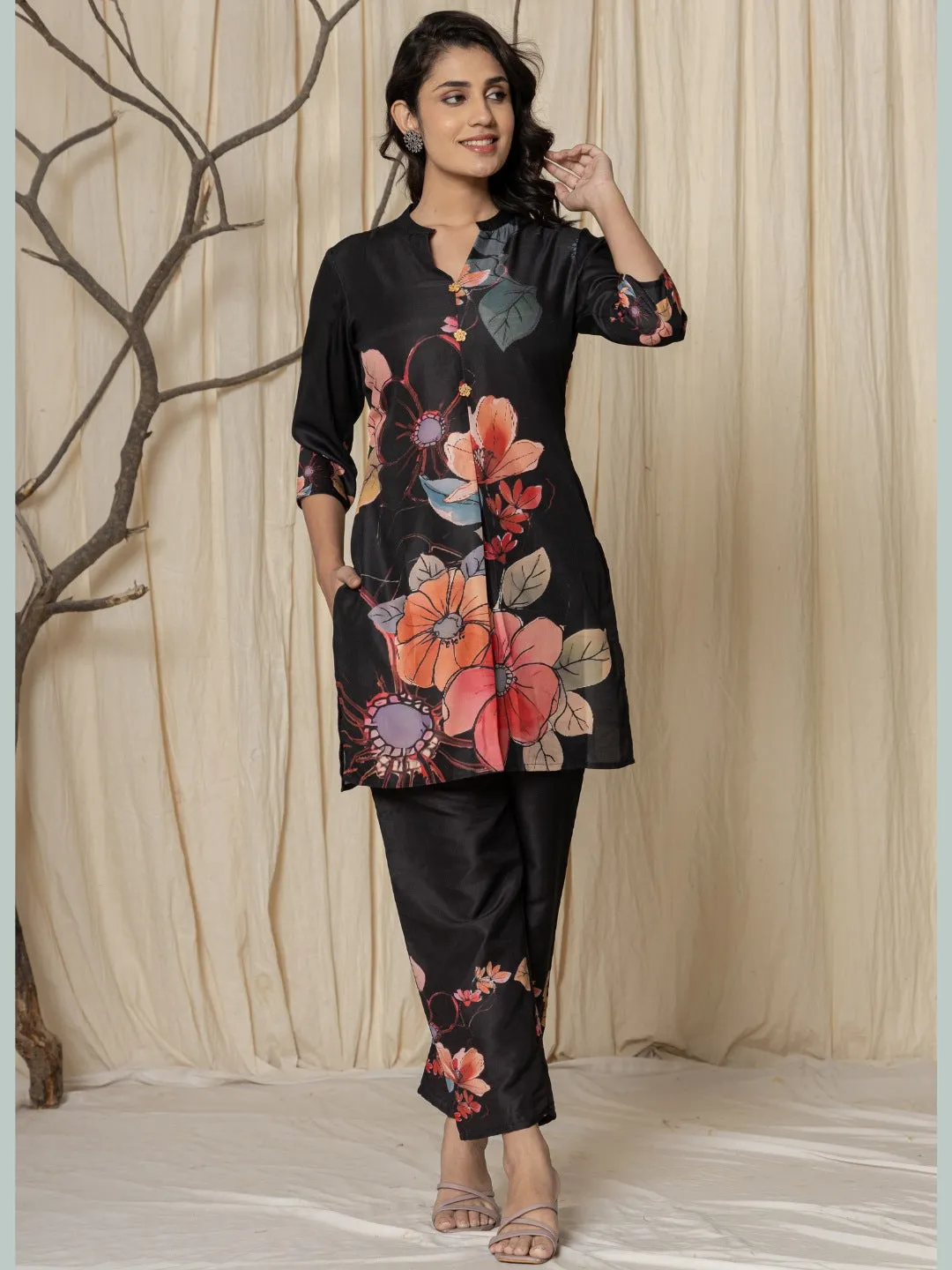 Muslin Digital Print Co-ord Set - Black