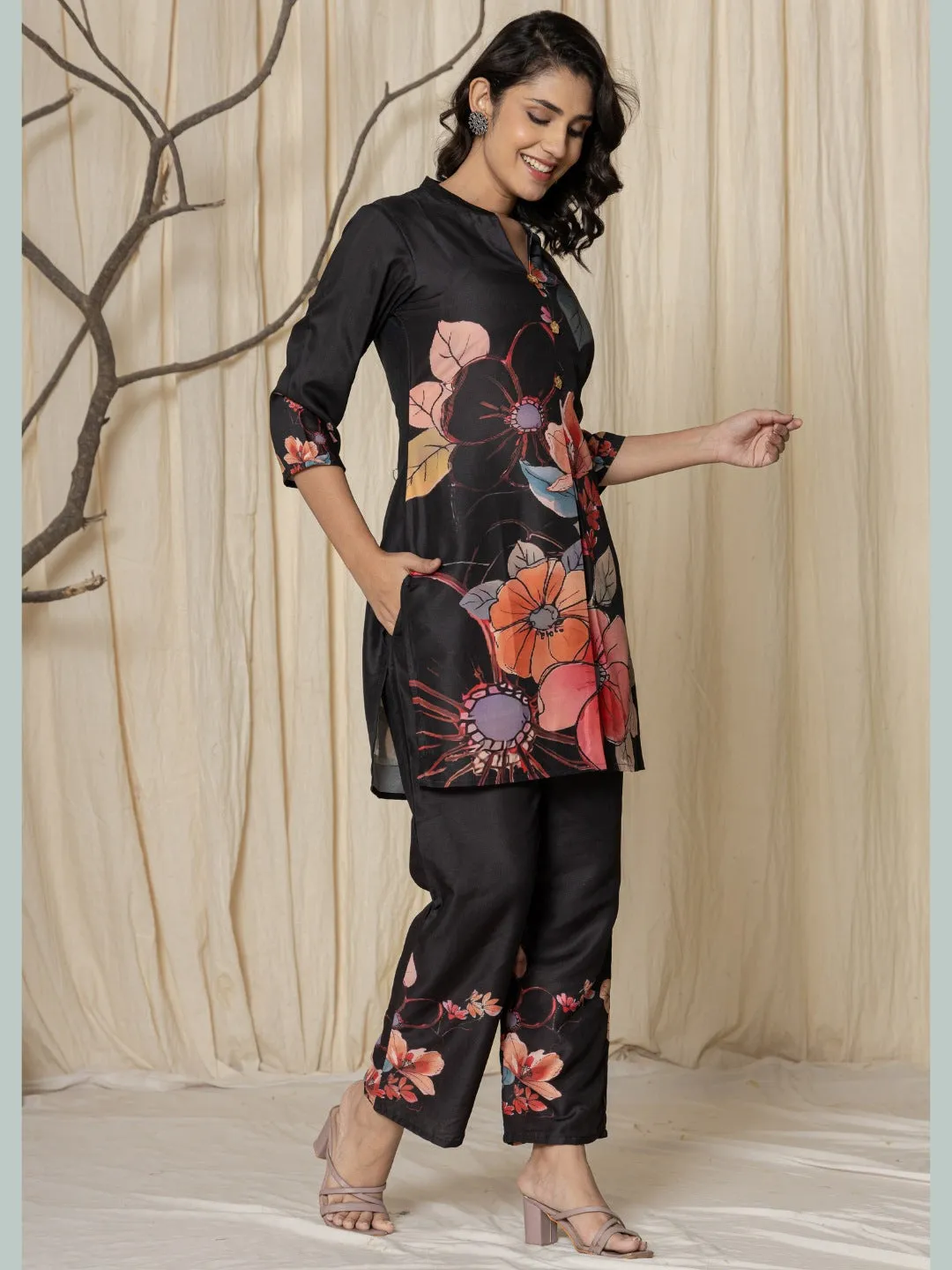 Muslin Digital Print Co-ord Set - Black