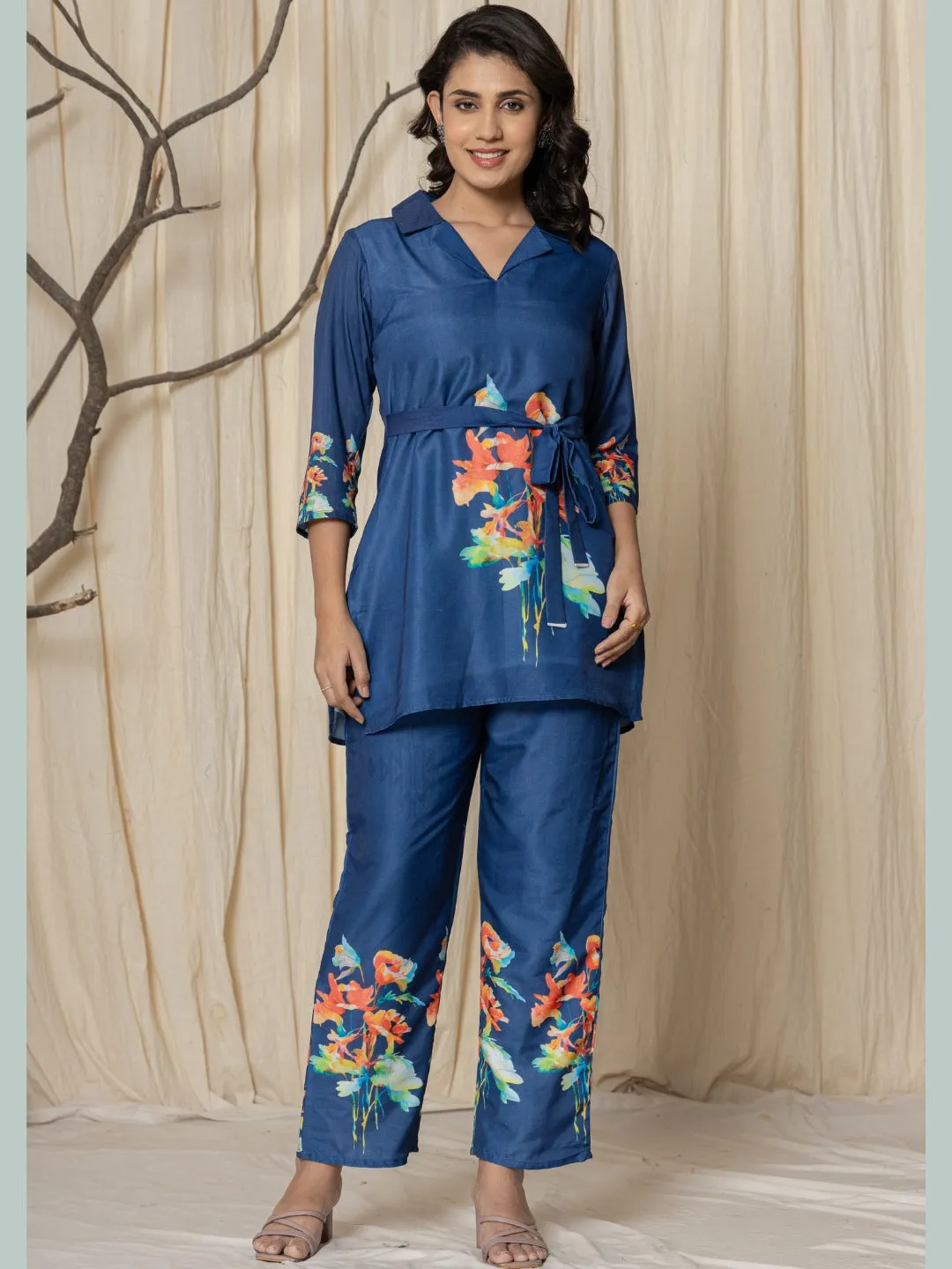 Muslin Digital Print Co-ord Set - Blue