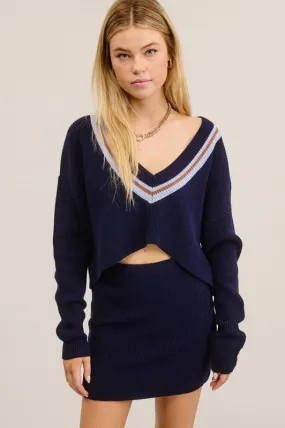 Navy Preppy Two-Piece Contrast Stripe Knit Set