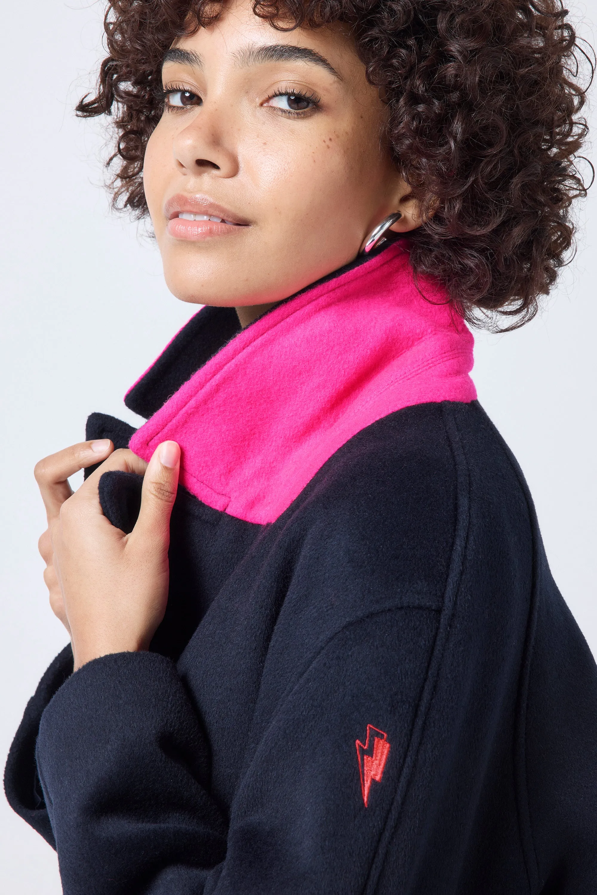 Navy with Neon Pink Wool Blend Coat