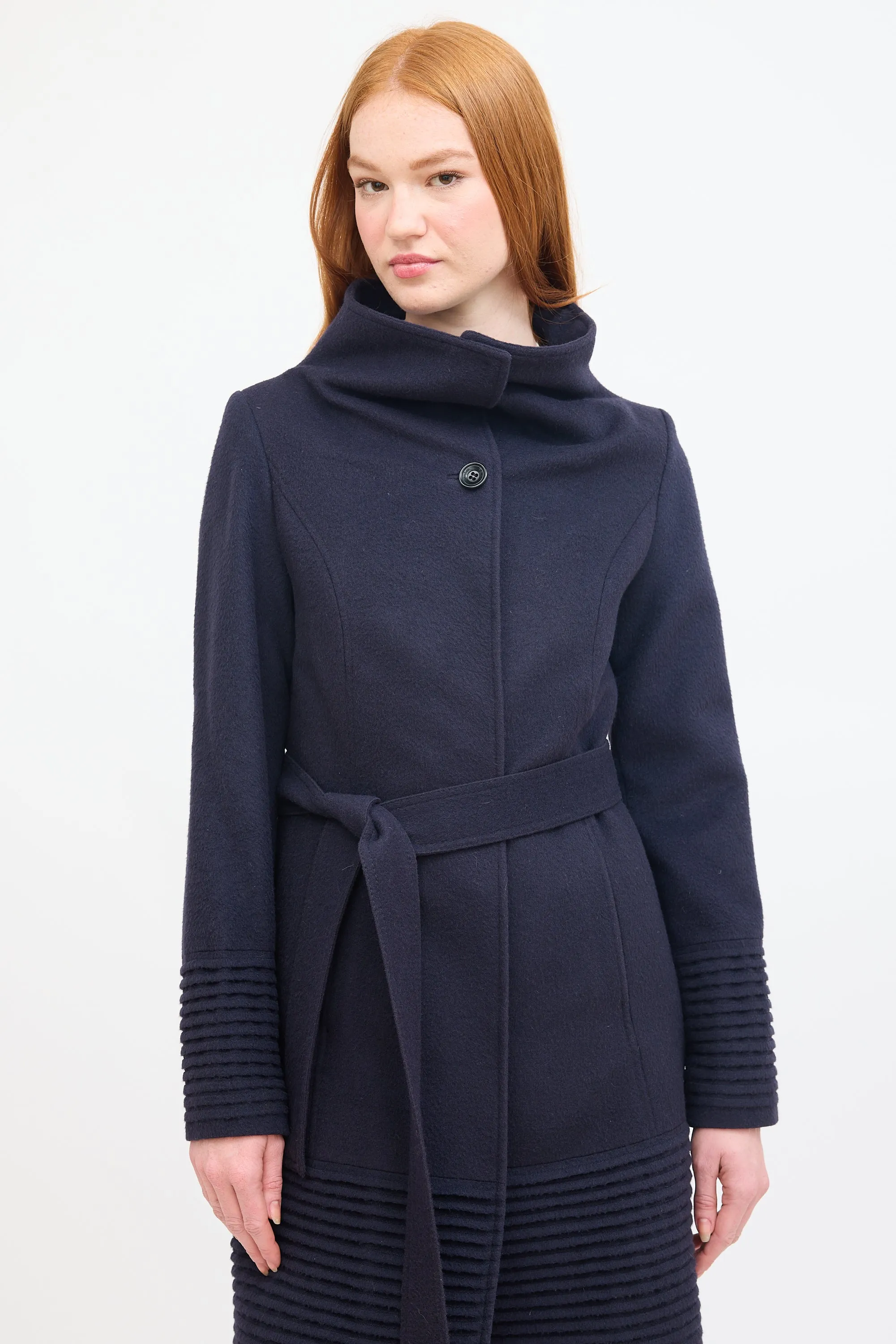 Navy Wool Belted Mid Length Coat