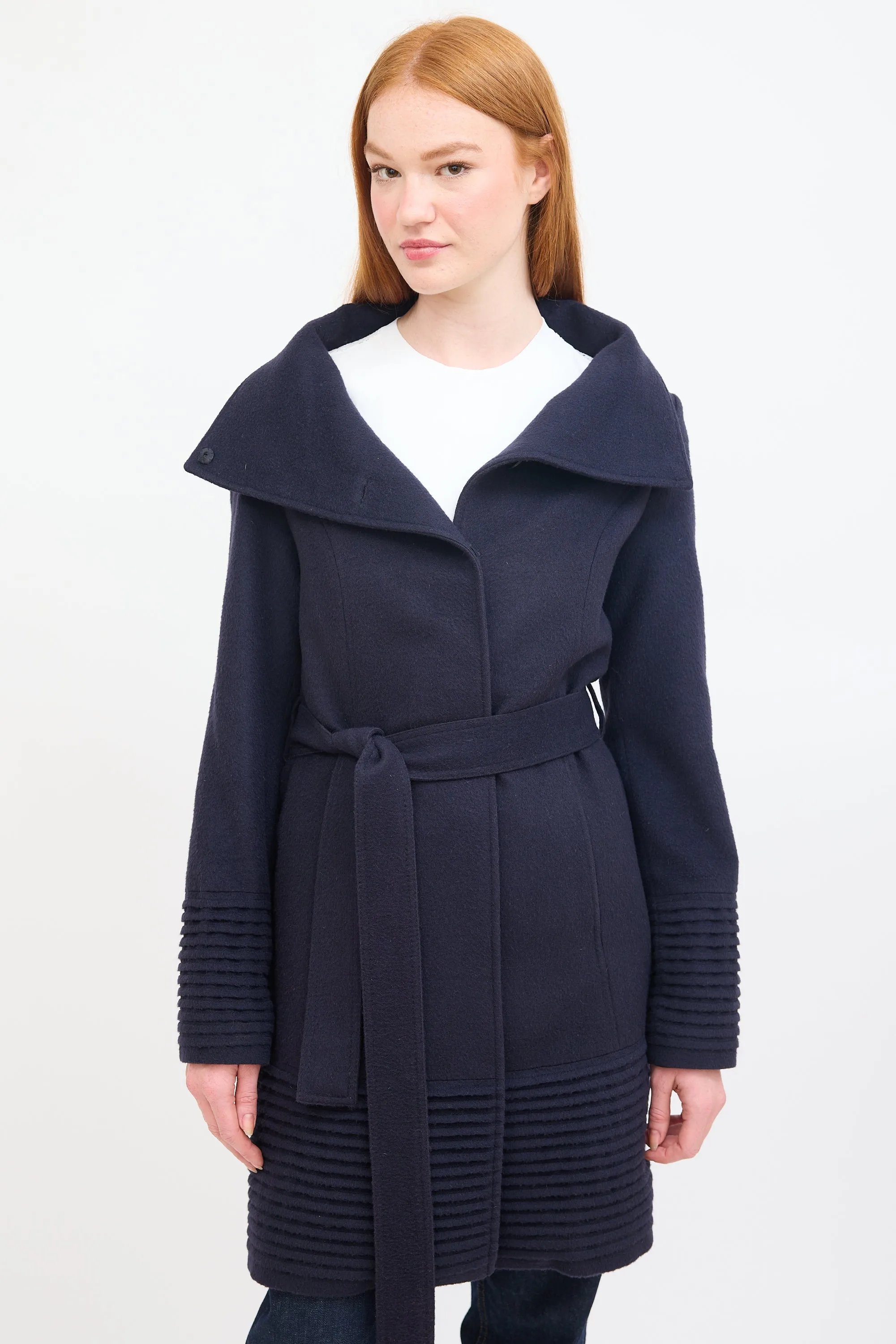 Navy Wool Belted Mid Length Coat