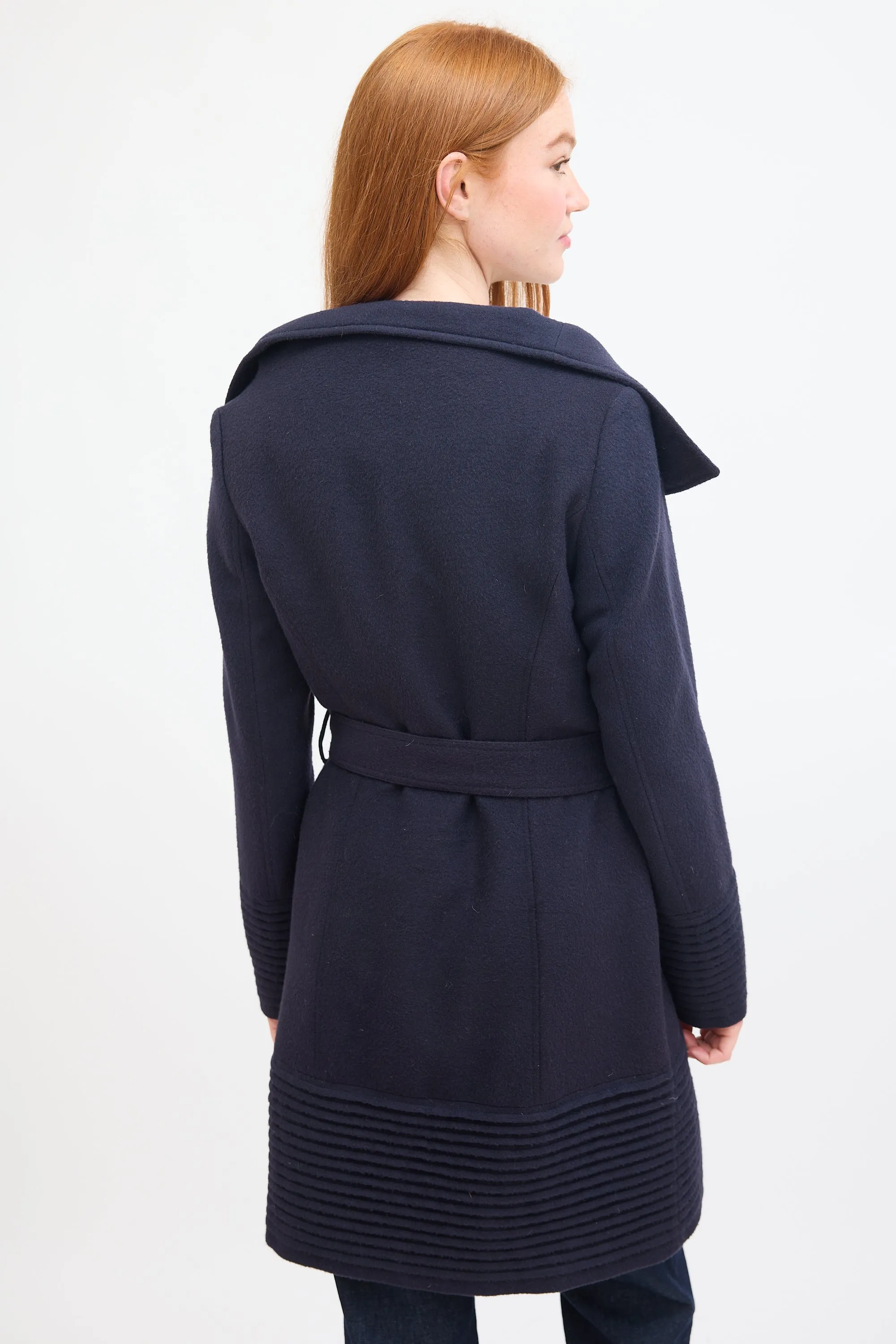 Navy Wool Belted Mid Length Coat